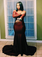 Hermosos vestidos de fiesta de talla grande con escote sirena, mangas largas, apliques de satén tejido elástico y hombros descubiertos